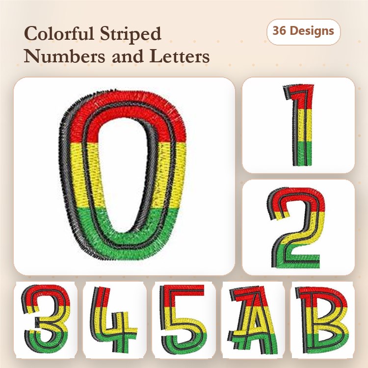 Colorful Striped Numbers & Letters Embroidery Designs Bundle – Number 0, Number 1, Letter A & More (36 Designs)