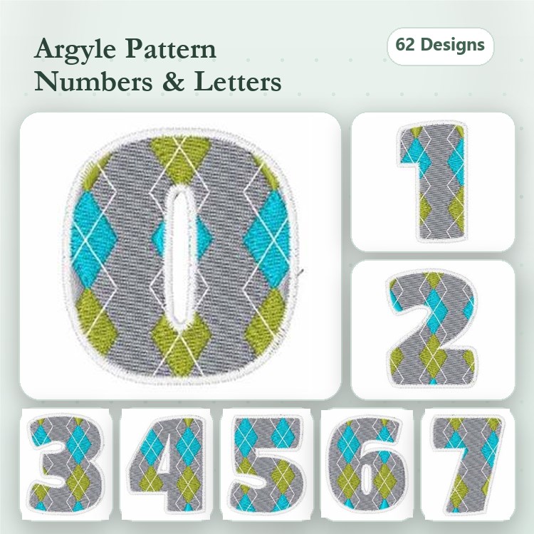 Argyle Pattern Embroidery Bundle – Letters & Numbers in Colorful Textured Design (62 Designs)