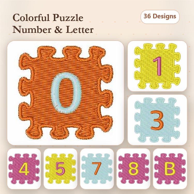 Applique Colorful Puzzle Numbers & Letter Embroidery Designs Bundle – Number 0, Number 1, Number 3, Letter B & More (36 Designs)