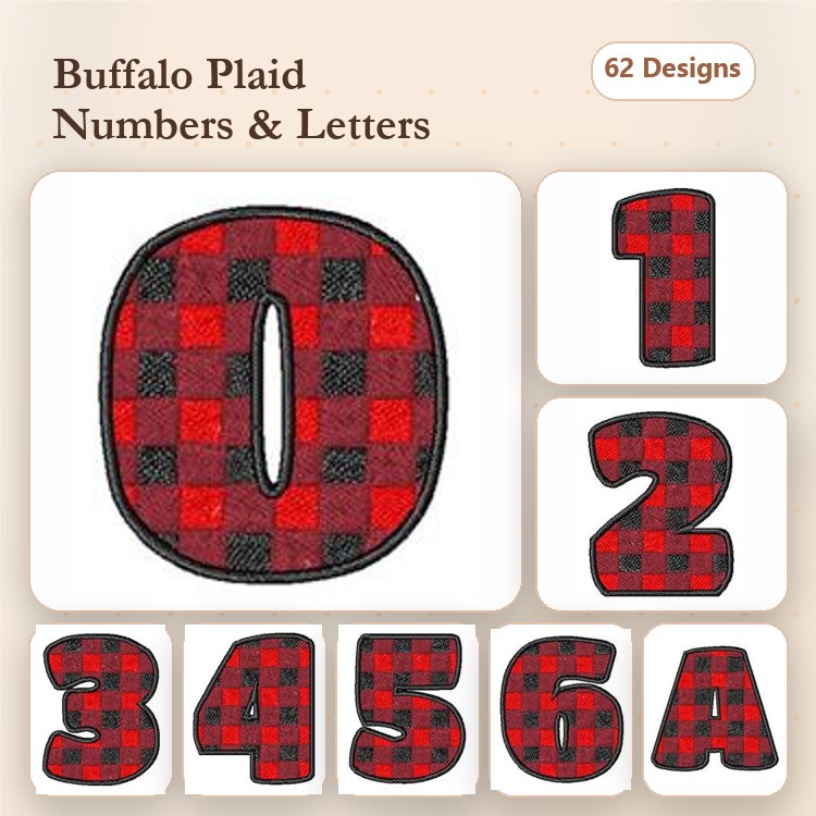 Buffalo Plaid Numbers & Letters Embroidery Designs Bundle – Buffalo Plaid Number 0, Number 1, Number 2, Letter A & More (62 Designs)