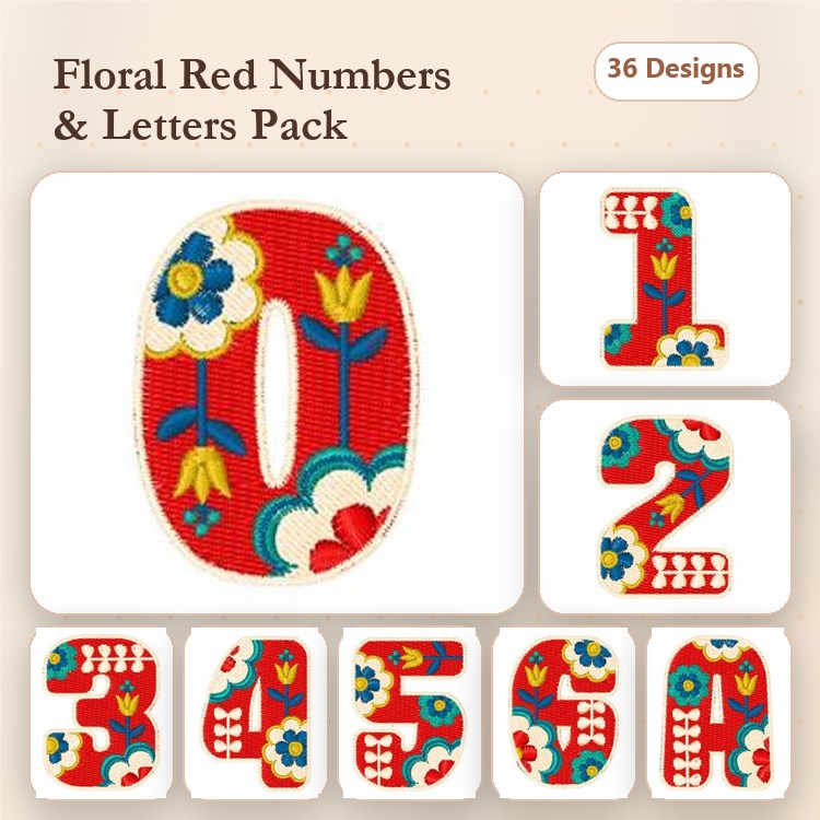 Floral Red Numbers Embroidery Designs Bundle – Floral Number 0, Floral Number 1, Floral Number 2 & More (36 Designs)