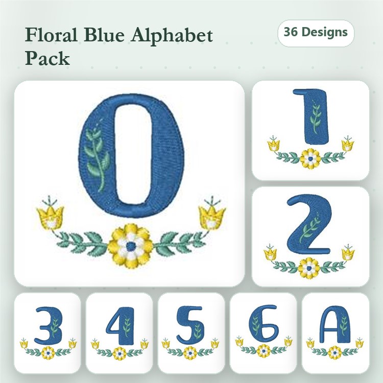 Floral Blue Alphabet Embroidery Designs Bundle – Numbers 0-6 & Letter A (36 Designs)
