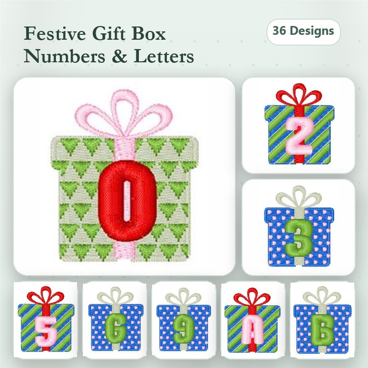 Festive Gift Box Embroidery Designs Bundle – Green Gift Box with Number 0, Blue Gift Box with Letter A & More (36 Designs)