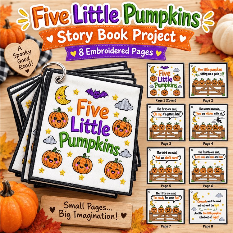 Five Little Pumpkins Embroidery Designs Bundle – Adorable Pumpkins, Night Scene & Verses (8 Designs)