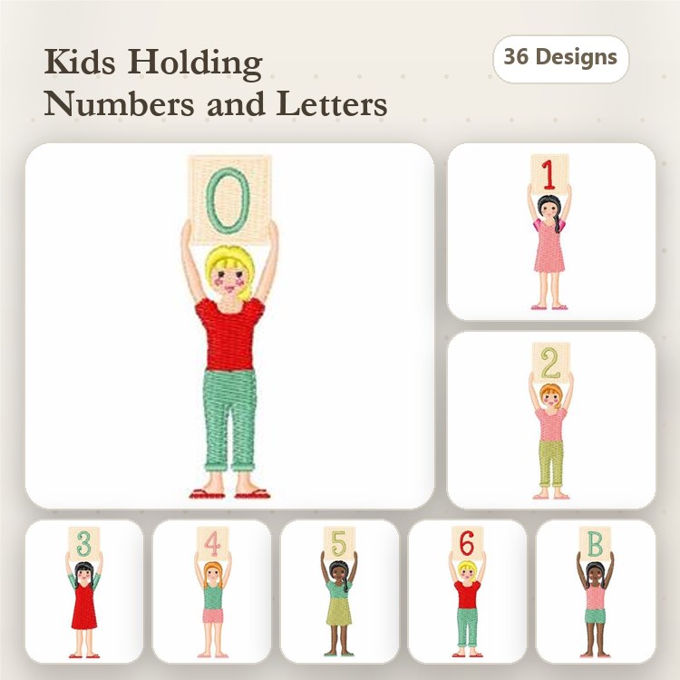 Children Holding Numbers and Letters Embroidery Designs Bundle – Girl Holding Number 0, Boy Holding Number 3, Girl Holding Letter B & More (36 Designs)