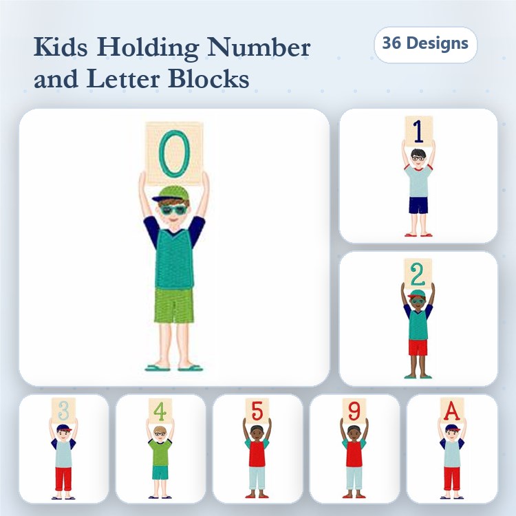 Kids Holding Number & Letter Blocks Embroidery Bundle – Kid Holding Numbers 0-9, Letters A-Z & More (36 Designs)