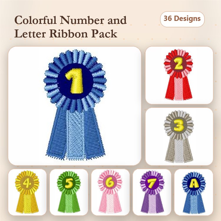 Colorful Ribbons Embroidery Bundle – Number 1 to 7 & More (36 Designs)