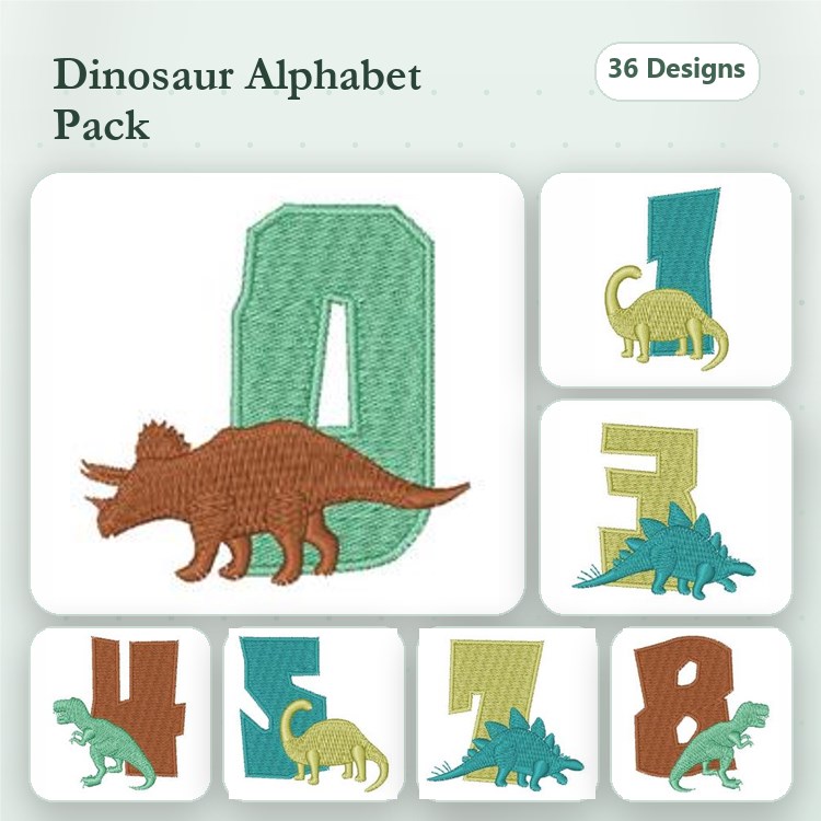 Dinosaur Alphabet Embroidery Bundle – Triceratops Number 0, Dinosaur Number 1, Dinosaur Number 2 & More (36 Designs)