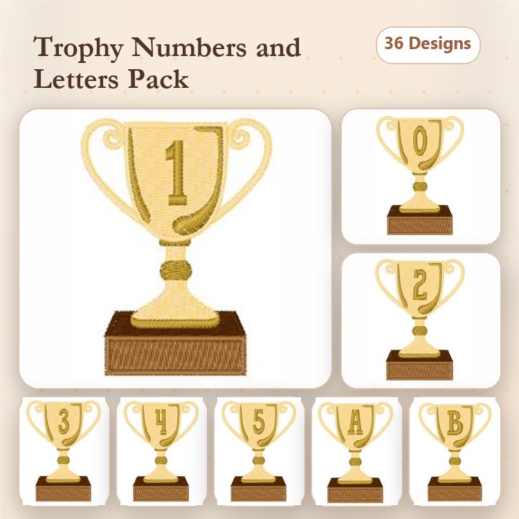 Trophy Numbers & Letters Embroidery Designs Bundle – Trophy 0, Trophy 1, Trophy A, Trophy B & More (36 Designs)