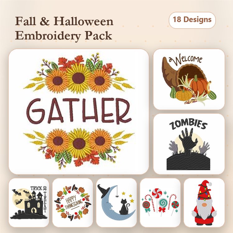 Fall & Halloween Embroidery Designs Bundle – Sunflowers, Pumpkins, Zombie Hands & More (18 Designs)