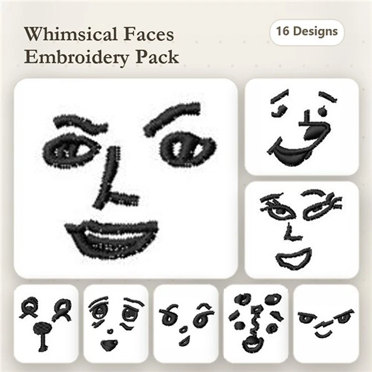Facial Expressions Embroidery Bundle – Smiling Face, Winking Face, Surprised Face & More (16 Designs)