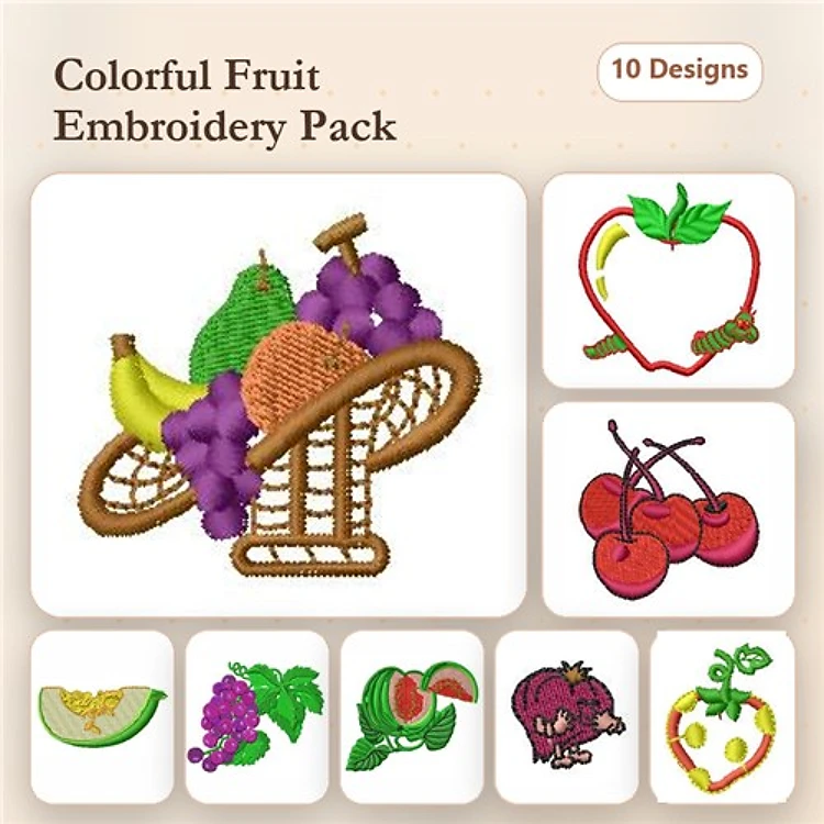 Colorful Fruit Embroidery Bundle – Fruit Basket, Apple, Cherries & More (15 Designs)