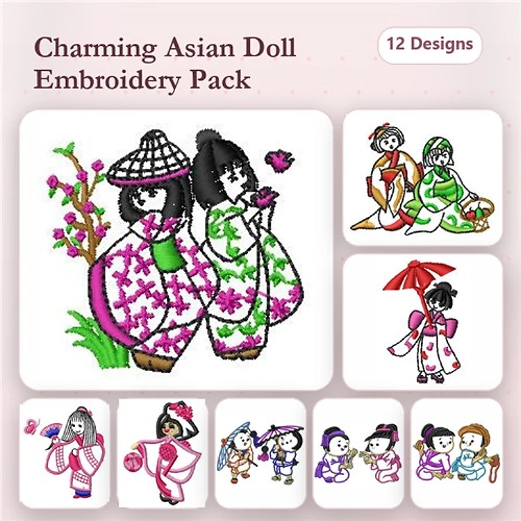 Asian Doll Characters Embroidery Bundle – Kimono Doll with Flowers, Doll with Parasol & More (15 Designs)