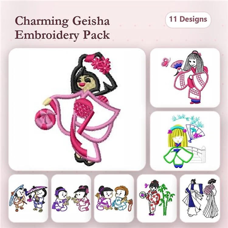 Geisha Characters Embroidery Bundle – Geisha with Umbrella, Geisha Dancing, Geisha with Fan & More (15 Designs)