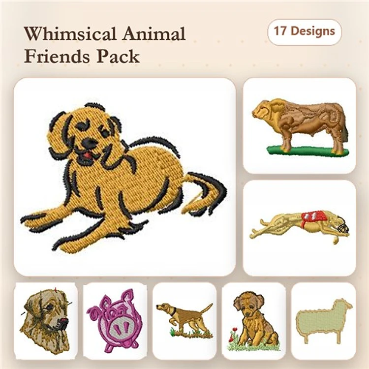 Bulldog, Greyhound & Beagle Embroidery Bundle – Cat & Dog Designs (17 Designs)