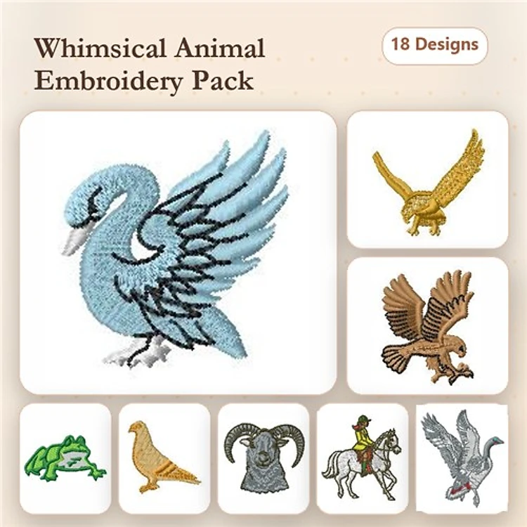 Whimsical Animal Embroidery Bundle – Blue Swan, Eagle, Brown Hawk & More (20 Designs)