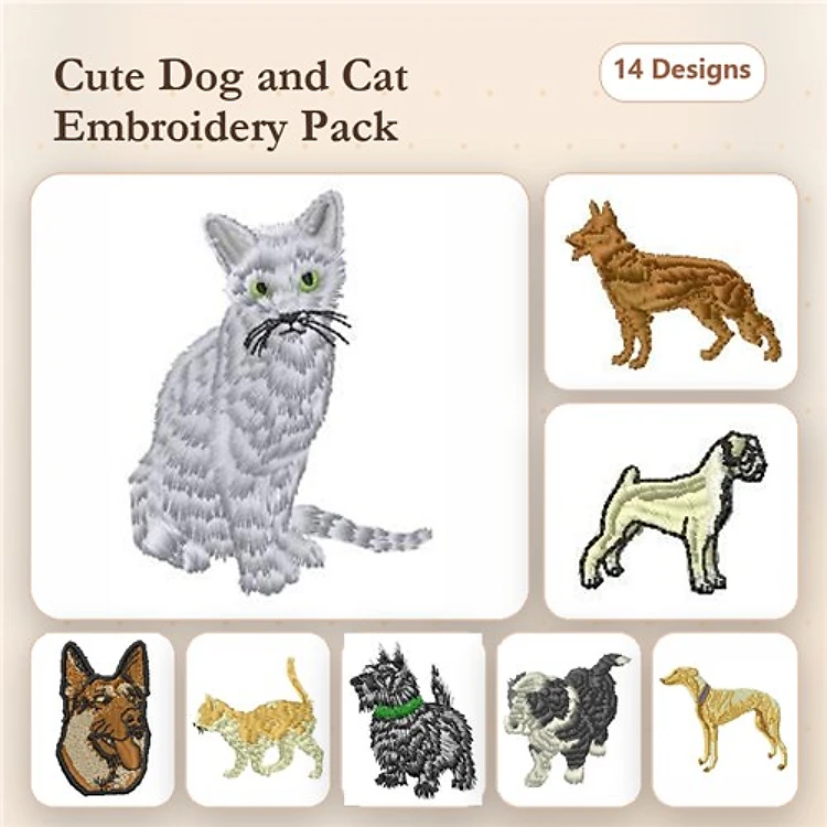Cat & Dog Embroidery Bundle – Feline and Canine Friends (14 Designs)
