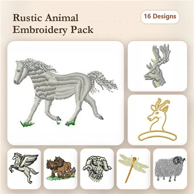 Rustic Animal Embroidery Designs Bundle – Horse, Deer, Pegasus, & More (16 Designs)