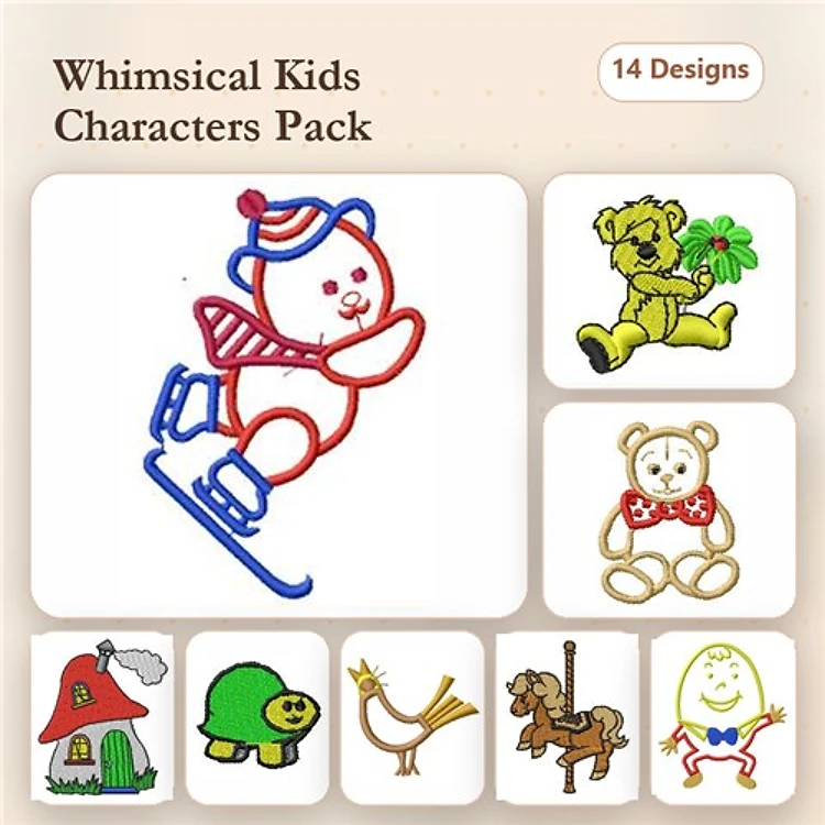 Whimsical Kids Characters Embroidery Designs Bundle – Skating Bear, Teddy Bear with Clover, Mushroom House & More (15 Designs)
