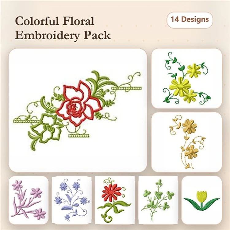 Colorful Floral Embroidery Bundle – Rose with Green Leaves, Yellow Flower Sprig, Lavender Blossom & More (14 Designs)