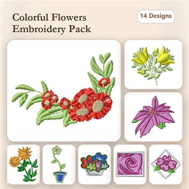 Colorful Floral Embroidery Bundle – Red Flower Bouquet, Yellow Flower Bunch, Purple Flower & More (15 Designs)
