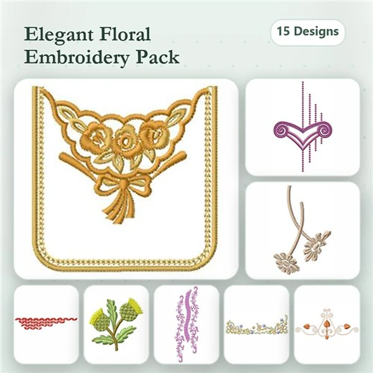 Elegant Floral Designs Embroidery Bundle – Floral Border with Roses, Heart Motif, Ornamental Floral Stem & More (15 Designs)