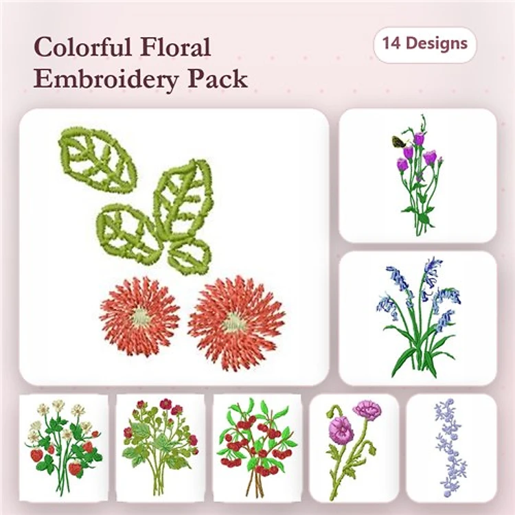 Colorful Floral Embroidery Designs Bundle – Green Leaves, Red Flower, Bluebell Flower & More (14 Designs)