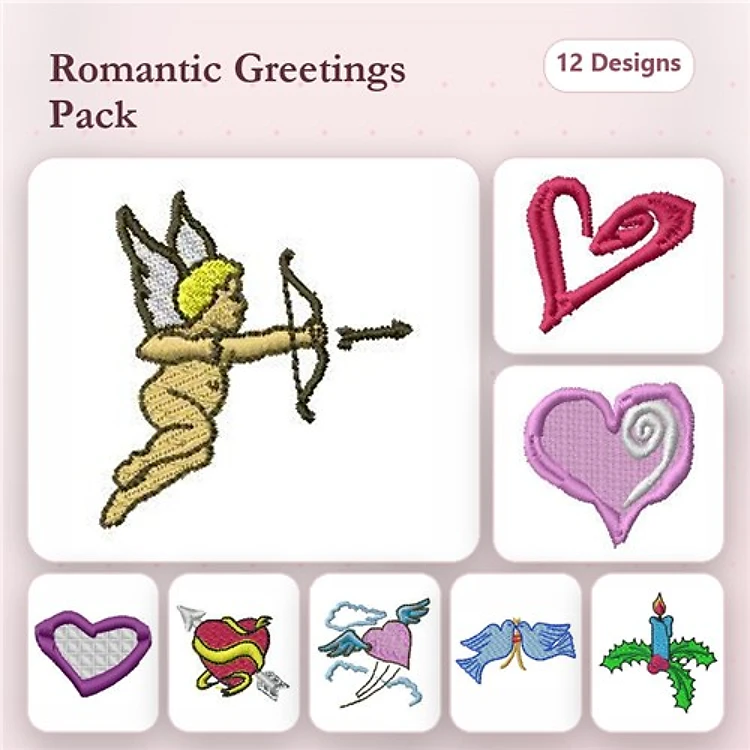 Romantic Greetings Embroidery Designs Bundle – Cupid, Love Birds, Kissing Couple & More (12 Designs)