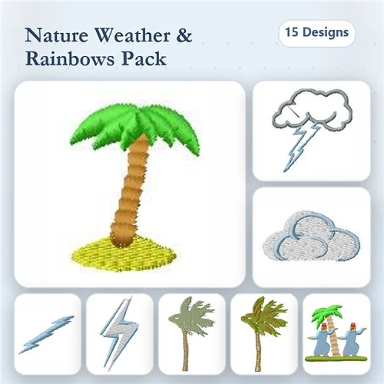 Nature and Weather Embroidery Designs Bundle – Palm Tree, Lightning Bolt, Rain Cloud & More (15 Designs)