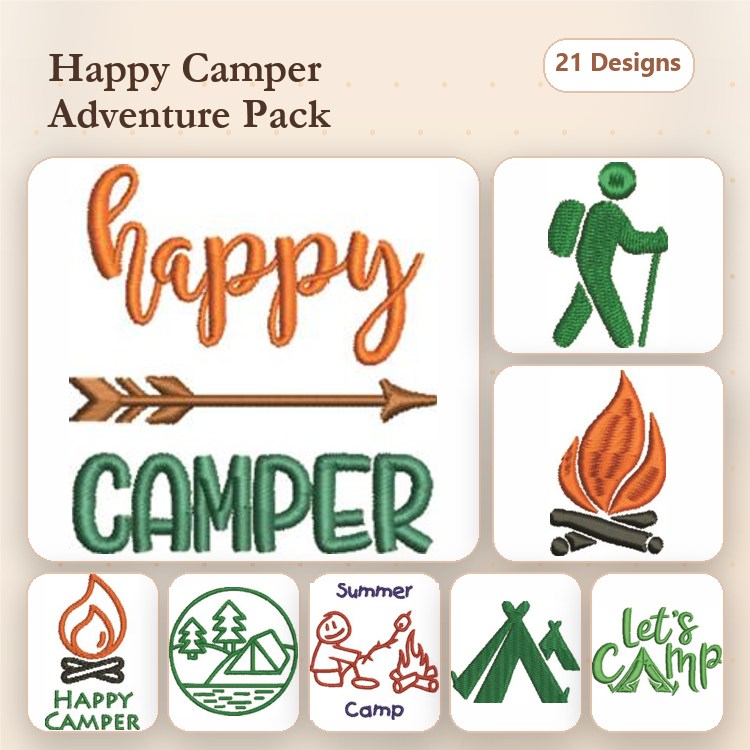 Camping and Outdoor Adventure Embroidery Designs Bundle – Happy Camper Text, Campfire, Hiker Figure & More (21 Designs)