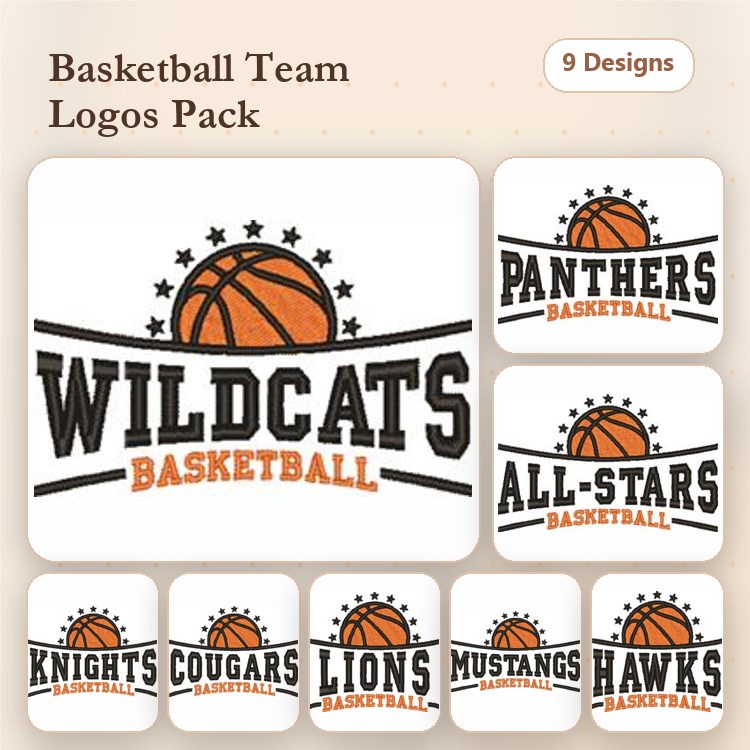 Basketball Team Logos Embroidery Designs Bundle – Wildcats, Panthers, All-Stars & More (9 Designs)