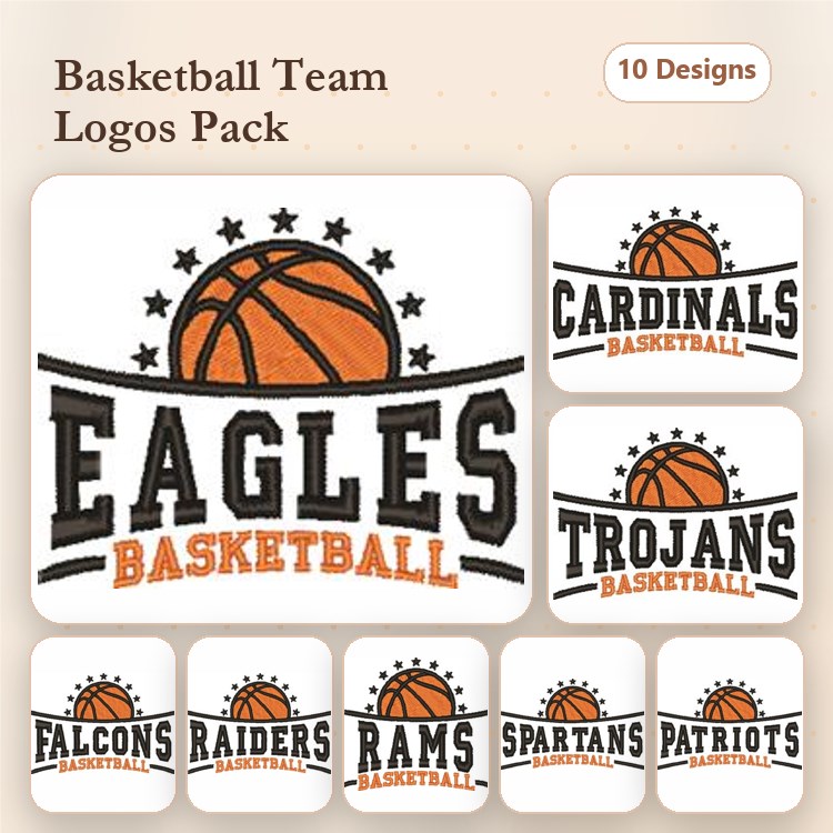 Basketball Team Logos Embroidery Designs Bundle – Eagles, Cardinals, Trojans & More (10 Designs)
