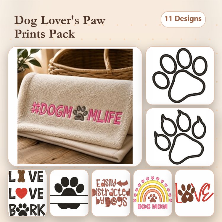 Dogs Embroidery Designs Bundle – Paw Print Outline, Love Bark, Easily Distracted by Dogs & More (11 Designs)