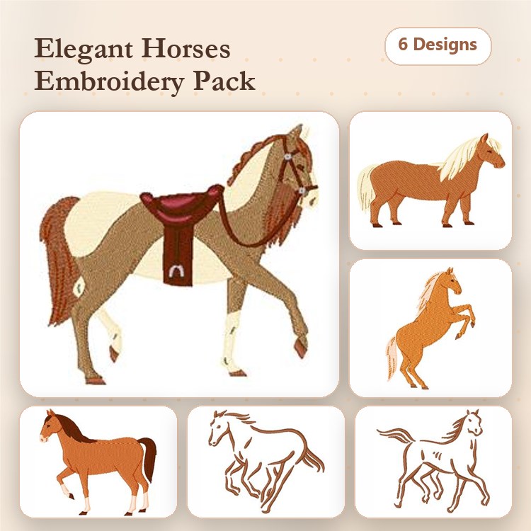 Elegant Horses Embroidery Designs Bundle – Running Horse, Standing Horse, Saddle Horse & More (6 Designs)
