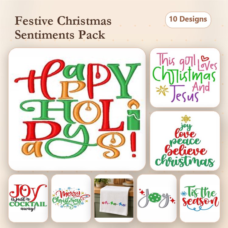 Christmas Sentiments Embroidery Designs Bundle – Happy Holidays, Joy to the World Cocktail Merry, & More (10 Designs)