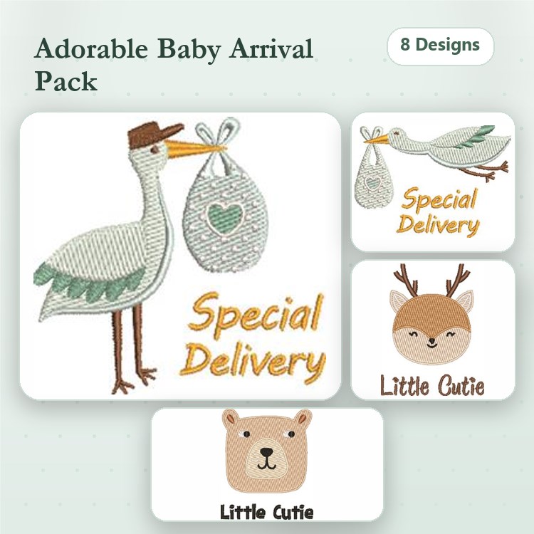 Baby Arrival Embroidery Designs Bundle – Stork with Baby Bag, Bear with Little Cutie & More (8 Designs)