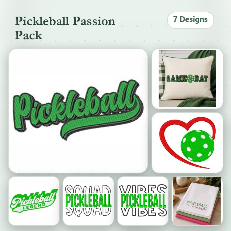 Pickleball Embroidery Designs Bundle – Pickleball Text Design, Game Day Pillow Design, Heart with Dots & More (7 Designs)