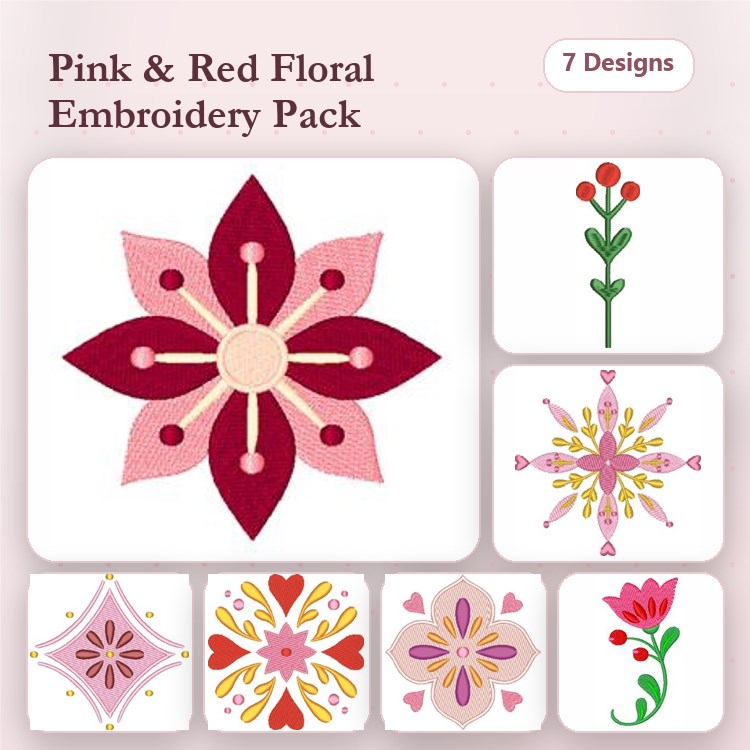 Floral Embroidery Designs Bundle – Pink Floral Motif, Red Flower Stem, Ornate Floral Design & More (7 Designs)