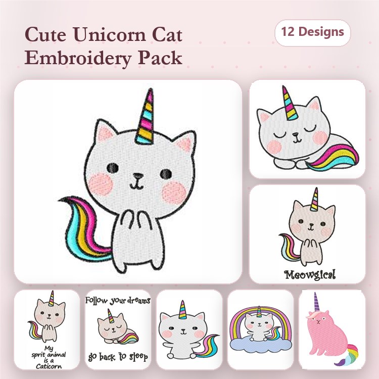 Cute Unicorn Cats Embroidery Designs Bundle – Unicorn Cat with Rainbow Tail, Sleeping Unicorn Cat, & More (12 Designs)