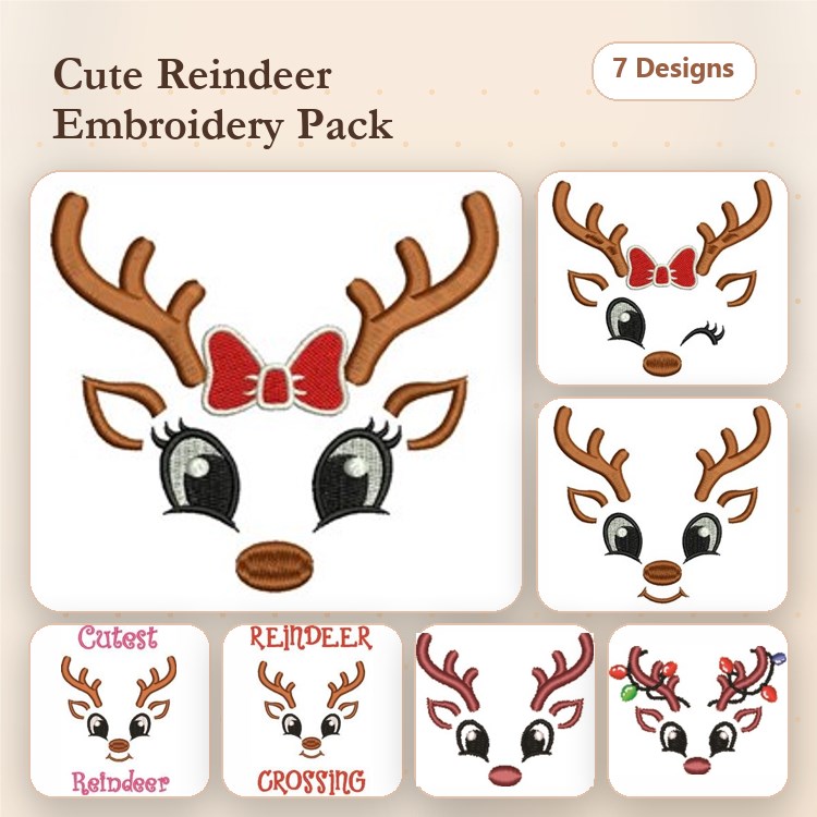 Cute Reindeer Embroidery Designs Bundle – Reindeer Face with Red Bow, Reindeer with Wink, & More (7 Designs)