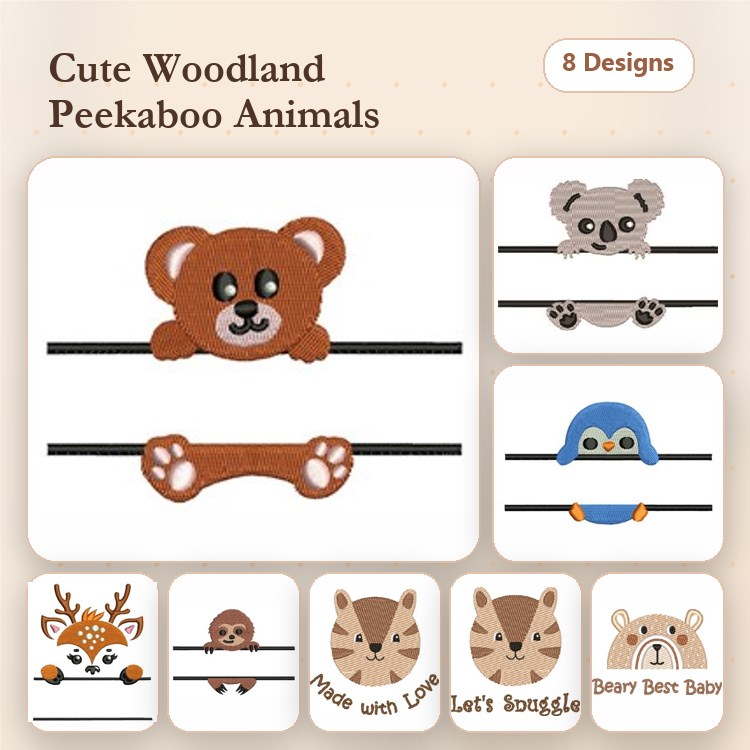 ITH Woodland Peekaboo Animals Embroidery Bundle – Bear Peekaboo, Koala Peekaboo, Penguin Peekaboo & More (8 Designs)
