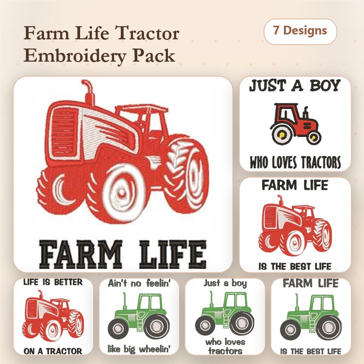 Farm Life Tractors Embroidery Designs Bundle – Red Tractor with Farm Life, Green Tractor with Life is Better & More (7 Designs)