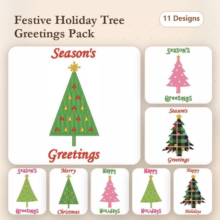 Seasonal Greetings Christmas Tree Embroidery Designs Bundle – Season's Greetings Tree, Merry Christmas Tree, Happy Holidays Tree & More (11 Designs)
