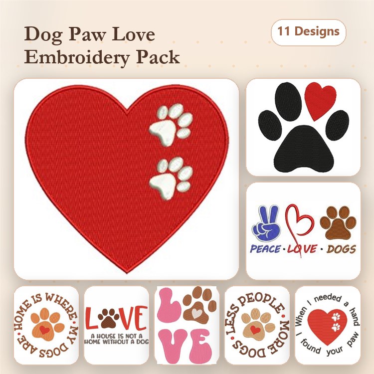 Dog Paw Love Embroidery Designs Bundle – Heart with Paw Prints, Peace Love Dogs, Home is Where My Dog Is & More (11 Designs)