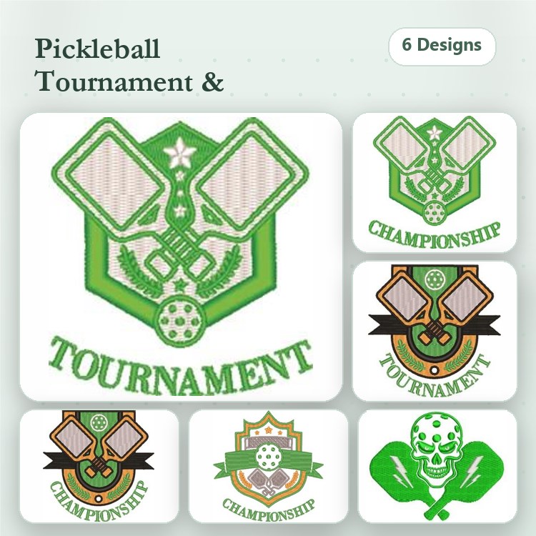 Pickleball Tournament Logos Embroidery Bundle – Championship Emblem, Tournament Badge, Logo & More (6 Designs)