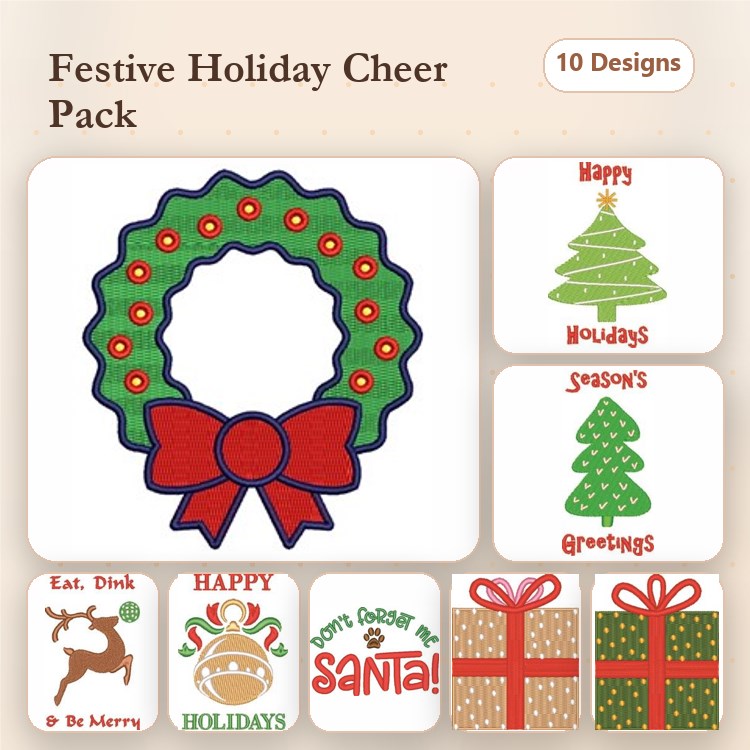 Applique Festive Holiday Cheer Embroidery Designs Bundle – Holiday Wreath, Christmas Tree, & More (10 Designs)
