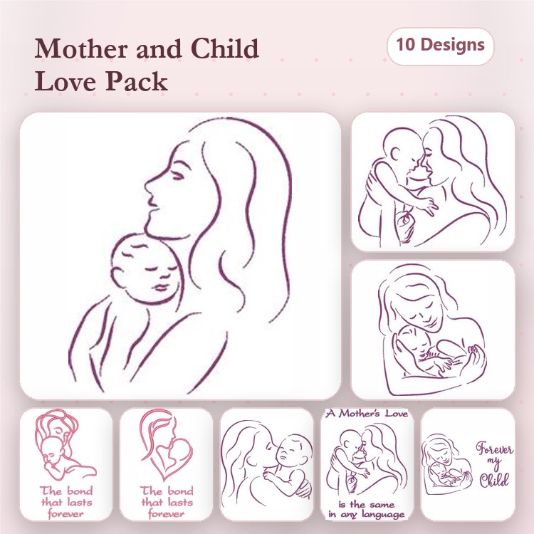 Redwork Mother and Child Love Embroidery Designs Bundle – Mother and Child Silhouette, Heart with Baby, & More (10 Designs)
