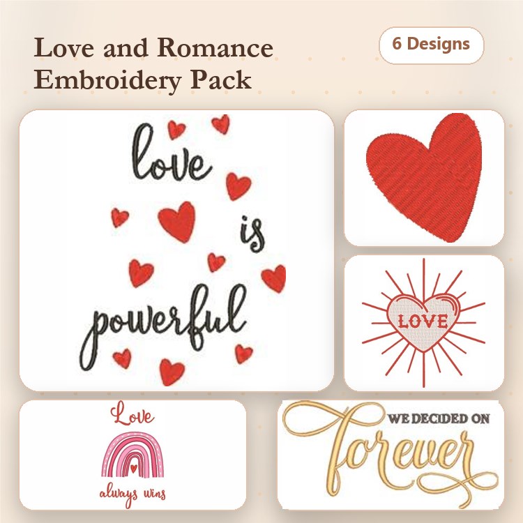 Love and Romance Embroidery Designs Bundle – Love is Powerful, Red Heart, Sunburst Love & More (6 Designs)