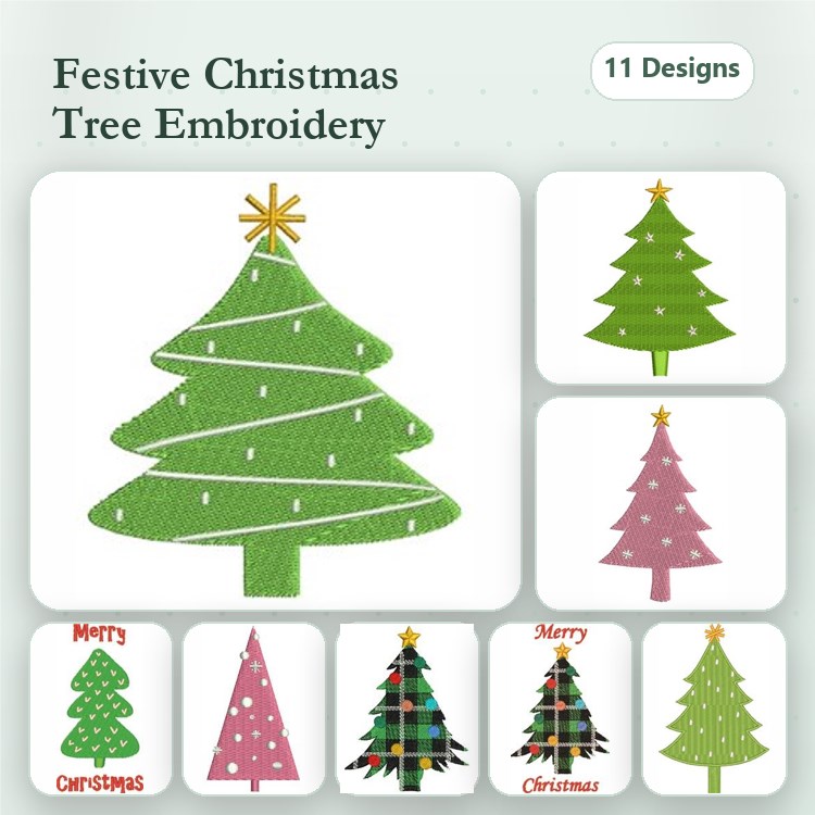 Applique Festive Christmas Trees Embroidery Bundle – Green Tree with Star, Pink Tree, Plaid Tree & More (11 Designs)