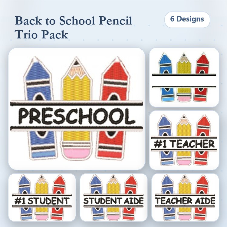 Back to School Pencil Trio Embroidery Bundle – Preschool & Teacher Designs (6 Designs)